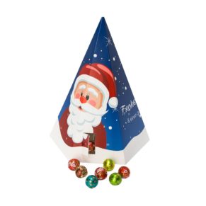 Adventskalender in Pyramidenform, gefüllt mit 24 Stück (110 g) Mini-Schokoladenkügelchen der Fa. Lindt & Sprüngli in 5 verschiedenen Geschmacksrichtungen. Alpenvollmilch-Schokolade (Kakao: 30% mindestens), Maße: ca. H26 x B16,5 cm, Gewicht: ca. 0,3 kg. Zutaten: Zucker, Kakaobutter, VOLLMILCHPULVER, Kakaomasse, MILCHZUCKER, MAGERMILCHPULVER, Emulgator: SOJALECITHIN, GERSTENMALZEXTRAKT, BUTTERREINFETT, Aroma. Allergiehinweis: Kann Spuren von Haselnüssen und Mandeln enthalten<br>