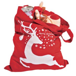 Rote Baumwolltasche bedruckt mit einem weihnachtlichen Motiv. Maße: ca. 22 x 26 cm, Material: 100% Baumwolle.<br>