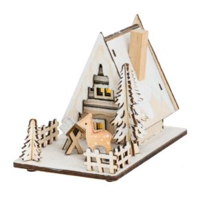 Hübsche Weihnachtsbeleuchtung für das Schaufenster o.ä. Mit Batteriebetrieb, Lieferung erfolgt incl. Knopfzelle, Maße: ca. B10 x T15 x H12 cm, Material: Holz.<br>