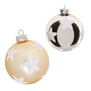 Moderne Weihnachtskugeln mit trendigen Sternapplikationen. Maße: je ca. 10 cm hoch, 8 cm Ø, Material: Glas.<br>