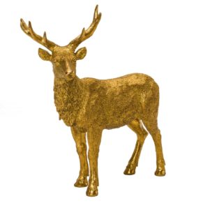 Moderner Hirsch in trendigem, goldfarbenem Finish. Maße: ca. Länge 46 x Breite 25 x Höhe 50 cm, Gewicht: ca. 3,2 kg, Material: Polyresin.<br>