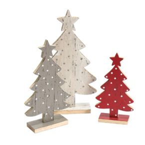 Dieses weihnachtliche Tannen-Set mit Tupfen-Dessin ist ein Hingucker für die Advents- und Weihnachtsdeko. Winterliche Farbkombi in weiß, rot und grau, Maße: ca. 29/ 23,5/ 19 cm hoch, Gewicht: ca. 0,5 kg, Material: Holz.<br>