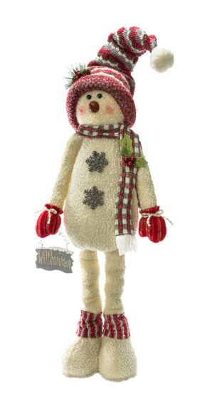 Der glitzernde Schneemann mit höhenverstellbaren Beinen ist der Hingucker in jedem Schaufenster. Maße: Tiefe 32 x Breite 40 x max. Höhe 85 cm, Gewicht: ca. 1,5 kg, Material: Polyester, Baumwolle, Holz.<br>