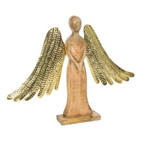 Ein wahrer Hingucker ist dieser dekorative Engel mit goldfarbenen Flügeln, einzeln rückseitig zu befestigen. Maße: ca. L (inkl Flügel) 78 x H57 cm , Fuß ca. L22 x 10 cm, Gewicht: ca. 2,8 kg, Material: Mangoholz, Metall.<br>