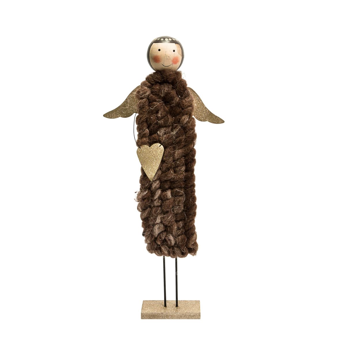 Bezaubernder Engel mit schimmernden Flügeln und Herz. Maße: ca. 52 cm hoch, Gewicht: ca. 0,7 kg, Material: MDF, Wolle.<br>