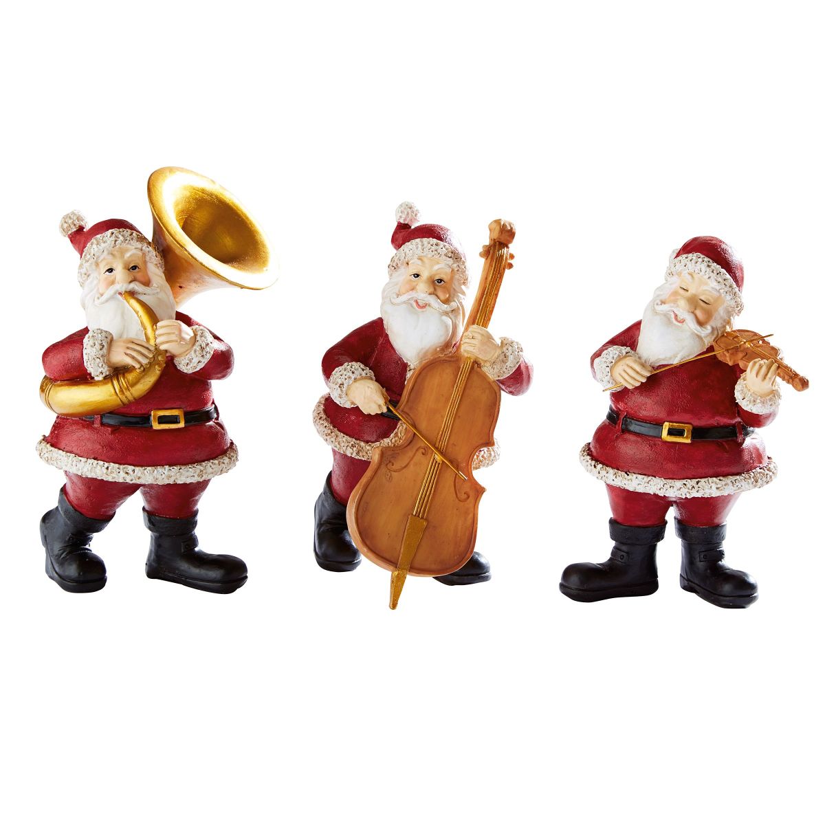 Dekofiguren-Set musizierende Santas, 3 tlg. Maße: Santa mit Violine ca. B9 x T7 x H 3 cm, Santa mit Tuba ca. B9 x T8 x H14 cm, Santa mit Kontrabass ca B9 x T8,5 x H13 cm, Gewicht: ca. 0,7 kg, Material: Polyresin (Kunststein).<br>