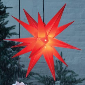 Außergewöhnlicher Leuchtstern in einem weihnachtlichem Rot. Outdoorgeeignet. Outdoorgeeignet, Leuchtmittel: E14, max. 40 W (nicht enthalten), Maße: ca. Ø50 cm, Kabellänge: ca. 380 cm, Gewicht: ca. 0,6 kg, Material: Kunststoff.<br>