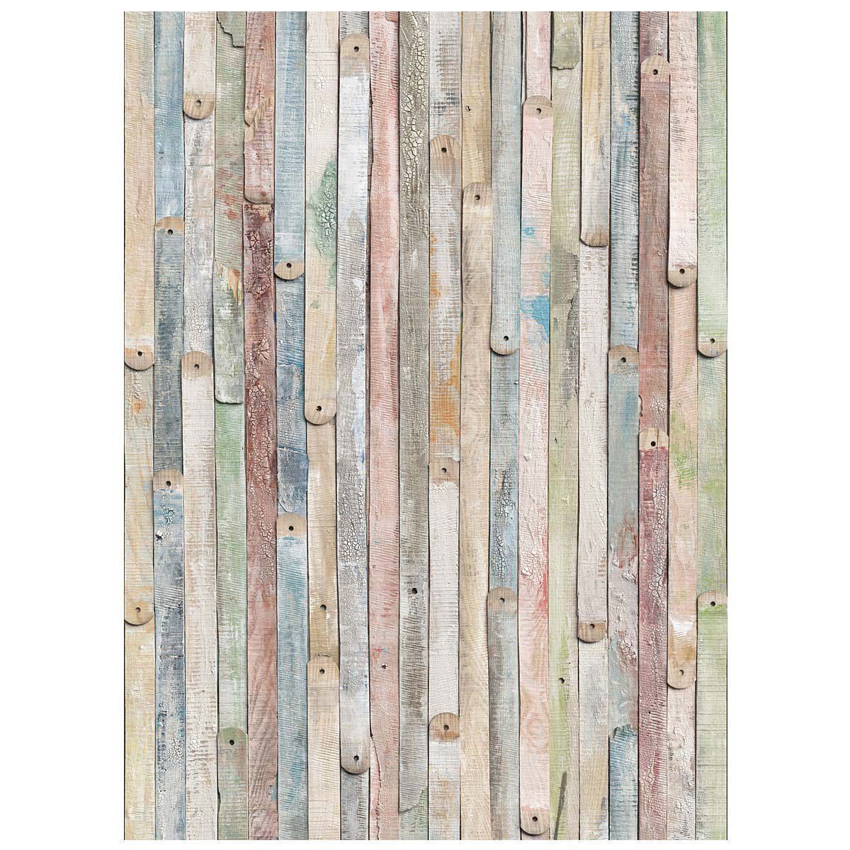 Shabby Chic Holzlatten in frechen Pastelltönen. Vier Teile, inklusive Kleister und ausführlicher Montageanleitung, Maße: 184 x 254 cm, Material: Papier.<br>
