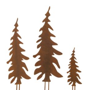 Diese Tannenbaum-Stecker aus Metall zeichnen sich durch ihr rostig-rustikales Aussehen aus. Sie geben Vorgärten und Beeteinfassungen ein winterliches Ambiente. Maße: Groß ca. B 24 x H 70 cm, mittel ca. B 20 x H 59 cm, klein ca. B 12 x H 36 cm, Gewicht: ca. 1,6 kg, Material: Metall.<br>