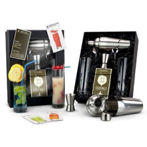 Ein absolut edles Set rund um das Thema Cocktail. Stilvoll verpackt im edlen schwarzen Geschenkkarton mit silbernem Cocktaildruck. 40 Rezepte,, ein Shaker, ein Barmaß , zwei Longdrinkgläser mit Trinkhalmlöffeln.<br>