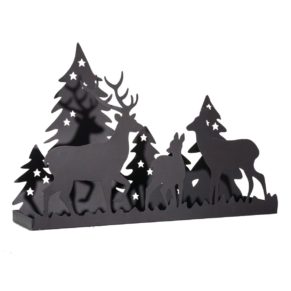 Kerzentablett mit dekorativer Silhouette einer Hirschfamilie im Wald. Maße: ca. B49 x T12,5 x H33 cm, Gewicht: ca. 0,9 kg, Material: Metall.<br>