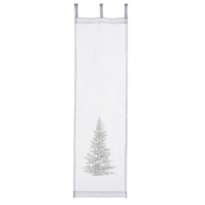 Weißer Organdy-Vorhang mit wunderschönem, winterlichen Motiv eines Weihnachtsbaumes in schwarzweißer Optik. Waschempfehlung: 30 °C Maschinenwäsche, Maße: ca. L 150 x B 45 cm, Material: 100% Baumwolle.<br>