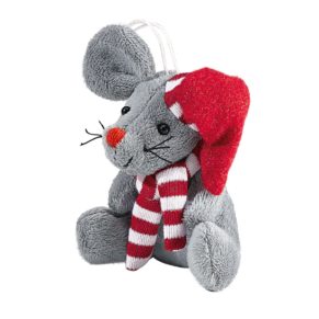 Süße kleine Plüsch Maus mit roter Knollnase, rot- weiß gestreifter Mütze und Schal. Maße: ca. 5 x 5 x 7 cm, Material: 100% Polyester.<br>