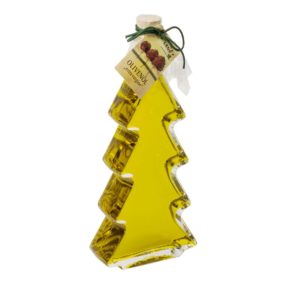 Die tannenbaumförmige Glasflasche beinhaltet 200 ml Olivenöl extra vergine. Maße: ca. H22 x B9 X T4 cm, Gewicht: ca. 0,6 kg. Zutaten: 100% Olivenöl (Säuregehalt 0,33, Peroxidzahl 7,5, Wachsbehalt 1,72, Extinktionskoeffizient 0,10). Nährwertangaben: Durchschnittliche Nährwerte pro 100ml: Energie 3389 kJ (824 kcal); Fett 91,6g, davon gesättigte Fettsäuren 13,8g, davon einf. ungesättigte Fettsäuren 68,5g, davon mehrf. unges. Fettsäuren 9,3g; Kohlehydrate 0g, Zucker 0g; Eiweiß 0g; Salz 0g.<br>