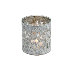 Dekorativer Teelichthalter im Orientstyle. Maße: ca. H8 x 7,5 cm Ø, Gewicht: ca. 0,3 kg, Material: Metall, Glas.<br>