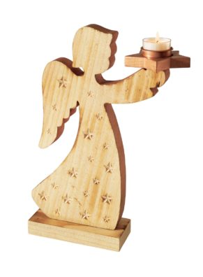 Hübscher Engel mit kupferfarbenem Stern-Teelichthalter in den Händen. Maße: ca. B23 x T8,5 x H30,5 cm, Gewicht: ca. 0,36 kg, Material: Holz.<br>
