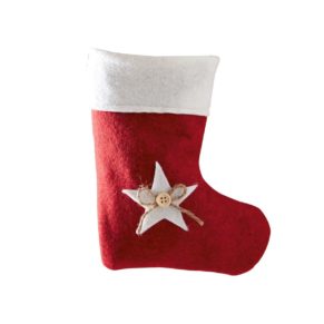 Toller Weichnachtsbeutel als Socke mit dekorativen Stern, Knopf und Jute Schleife lässt sich nach Belieben mit weihnachtlichen Kleinigkeiten befüllen. Ohne Füllung, Maße: ca. 20 x 16 x 0,8 cm, Material: 100% Polyester.<br>