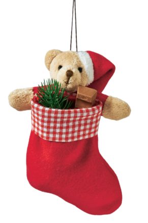 Der kleine, niedliche Teddy hält seinen Weihnachtsstrumpf fest in seinen Armen und freut sich auf die Befüllung. Maße: ca. 10 x 16 cm, Material: 100% Polyester.<br>
