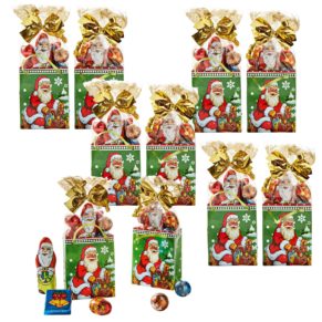 10 Weihnachtstütchen bestückt mit jeweils 50g Weihnachtssüßware. Maße: ca. 10 x 8 x 10 cm, Gewicht: ca. 0,7 kg. Zutaten: Zucker, pflanzliches Fett (Palm, Palmkern, Kokos), VOLLMILCHPULVER, MAGERMILCHPULVER, Kakaobutter, SÜSSMOLKENPULVER, Kakaomasse, Kakaopulver, Emulgator: Sonnenblumenlecithine, SOJALECITHINE, E476; HASELNUSSMARK, fettarmes Kakaopulver, natürliches Aroma, Vanille-Extrakt, LAKTOSE, MOLKENPULVER, Praliné (HASELNUSSMARK, Zucker), SOJAMEHL, Reismehl, WEIZENMEHL, WEIZENGLUTEN, WEIZENMALZ, WEIZENDEXTROSE, Salz, Aromen. Allergiehinweis: Kann Spuren enthalten von anderen SCHALENFRÜCHTEN und EIERN<br>
