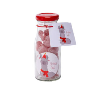 Eine süße Geschenkidee für Jedermann. Jedes 150 ml Fläschchen enthält ca. 80 g Bonbons, das Fläschchen "Frohe Weihnachten" ist befüllt mit Schneeball-Bonbons, das Fläschchen "Engel" enthält Kaminzauber-Bonbons, das Fläschchen "Lama" enthält Glühwein-