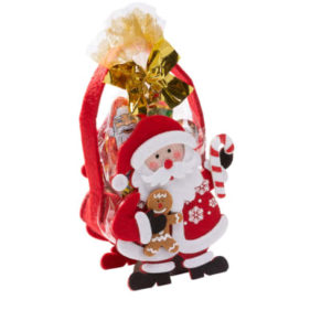 Die Filz-Tasche ist kunstvoll gearbeitet und dekoriert mit Schleife und Ringelband. Gefüllt mit ca. 50g Weihnachtspralinen aus Vollmilchschokolade mit Nougat und Crispfüllung, Maße: ca. B11 x T5,5 x H14 cm. Zutaten: Zucker, pflanzliches Fett (Palmker